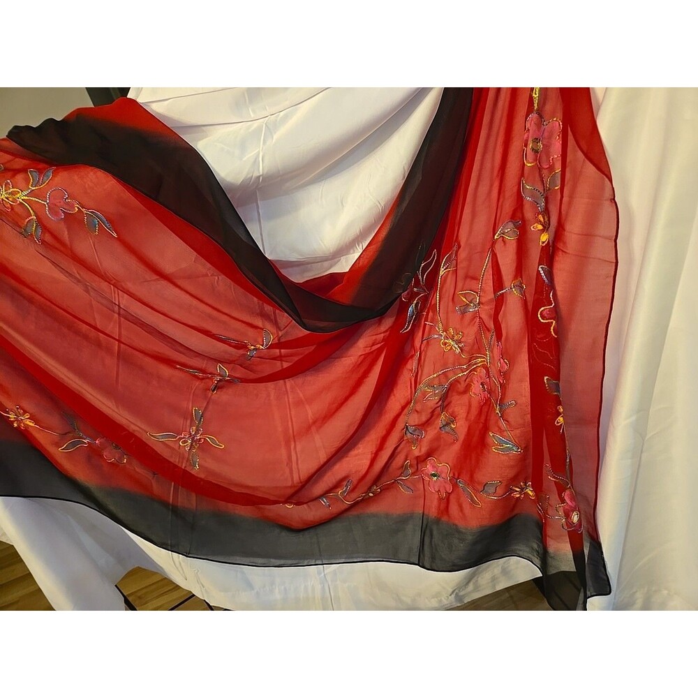 Stunning Vibrant Rectangular Sheer Red Black Floral Scarf, Coverup, 71" x 44"